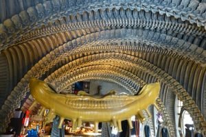 Columnas vertebrales dando forma al techo del Café Alien