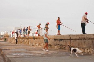 Grupo de pescadores en el Malecón de La Habana