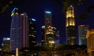 Vista nocturna del skyline de Singapur
