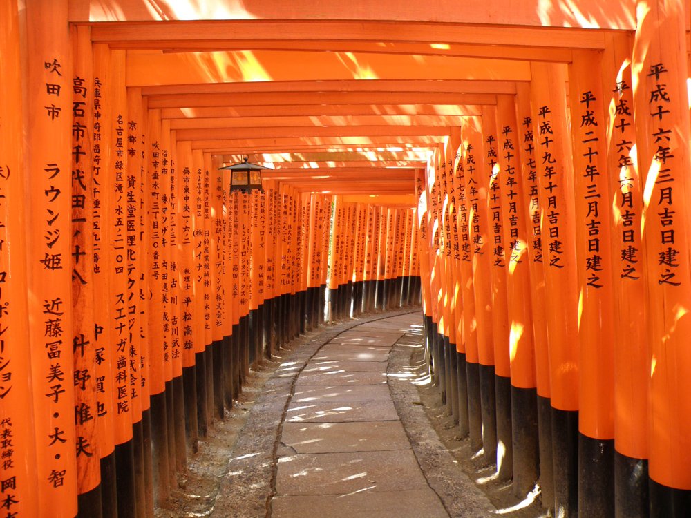 Pasillo que recorre Sayuri en Memorias de una Geisha en el Fushimi Inari Taisha